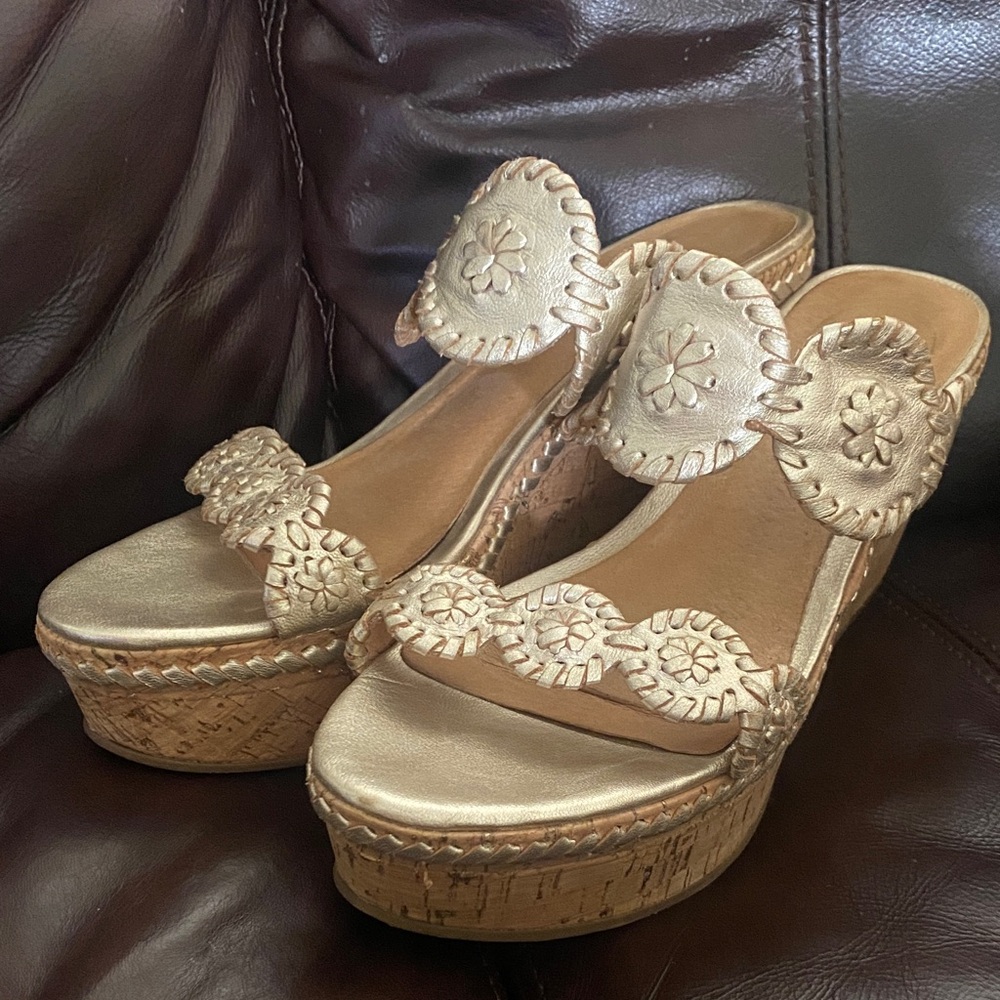 Jack Rogers Metallic Gold Wedge Sandals with Floral Medallions